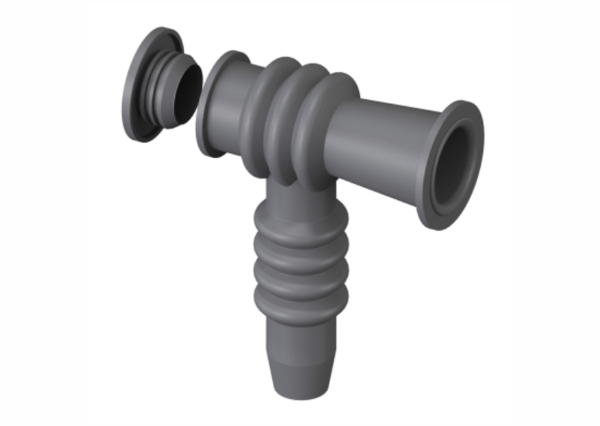 Grey EPDM elbow protector moulding with three flanged openings and deep corrugated ribs between them, photographed beside a separate flanged sealing ring.