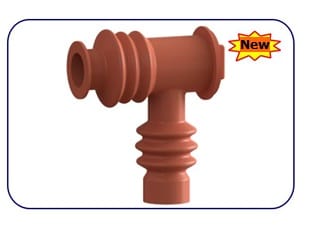 A moulded terracotta-coloured tee-shaped insulating boot, concertina ribs around all three openings and the branch entry set at a right angle