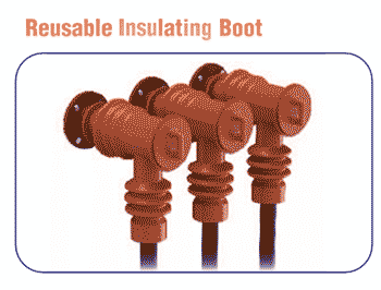A moulded reusable insulating boot seen from the side, with the wide skirt that passes over the switchgear bushing at one end and the cable entry at the other.